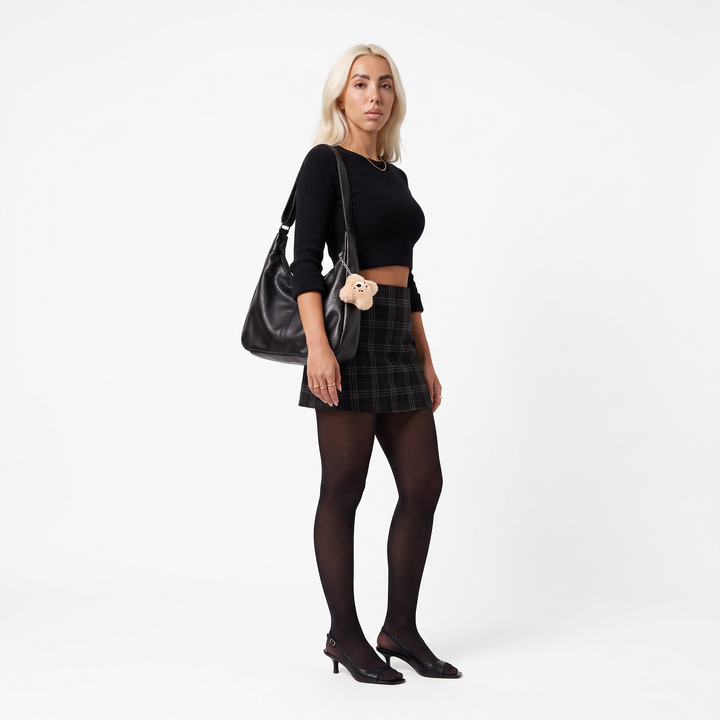 Slouchy Faux Leather Charm Hobo Bag, worn by a model