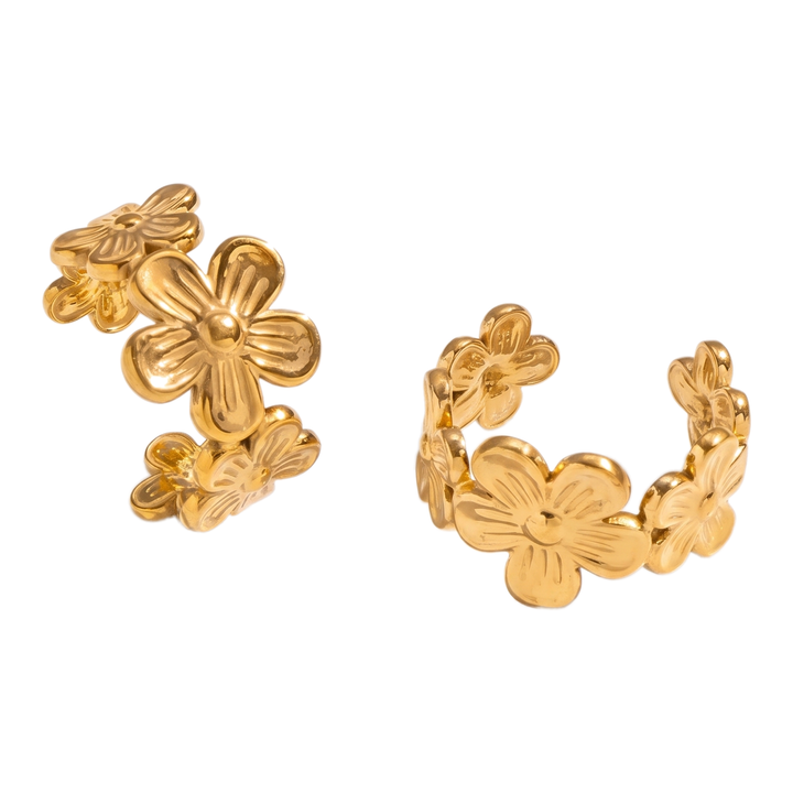 Sunoire x l sweet waterproof 18k gold plated stainless steel floral flower cuff earrings for women daily high quality jewelry wholesale 01 flatlay gold