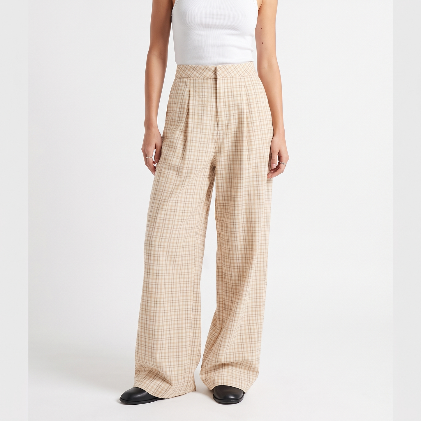 Sunoire plaid wide leg pleated front pants khaki colorway front crop