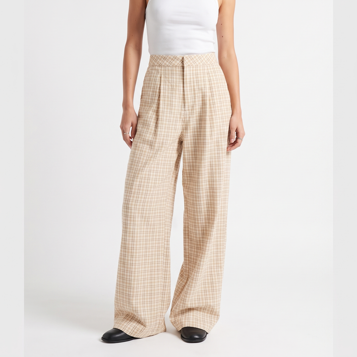 Women's Plaid Pleated Button Front Brown Wide Leg Trousers — Khaki