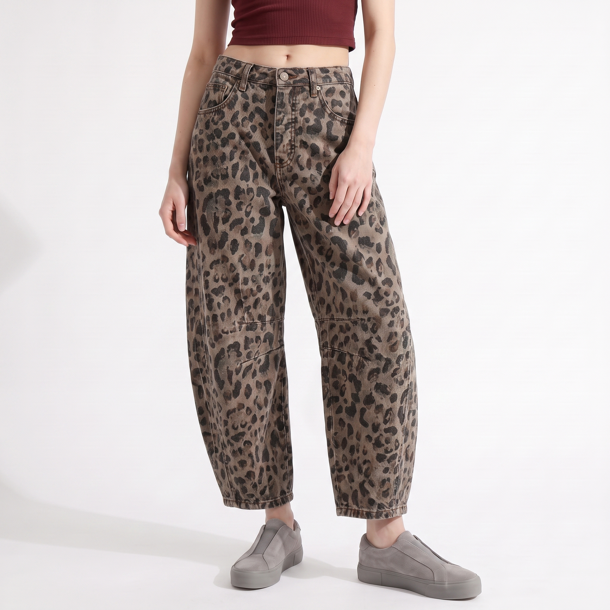 Sunoire wide-leg barrel cargo jeans Leopard print colorway front crop