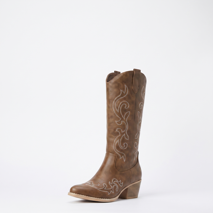 Women's Cowboy Boots – Knee-High Embroidered Western Block Heel Boots — Brown