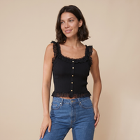 Sunoire contrast lace sleeveless square neck crop tank casual frill hem metal button decor ribbed knit top colorway black front crop 01
