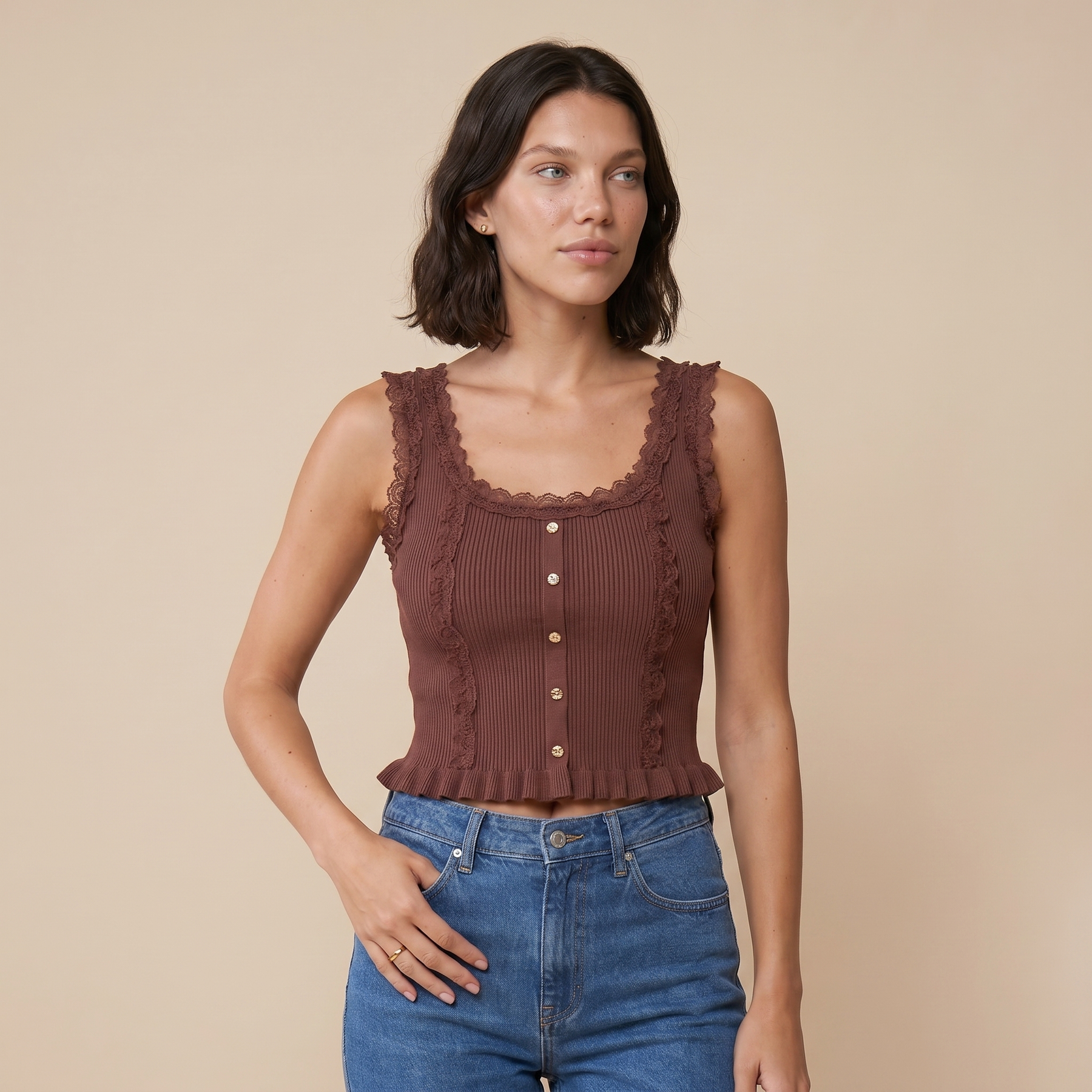 Sunoire contrast lace sleeveless square neck crop tank casual frill hem metal button decor ribbed knit top colorway dark brown front crop 01