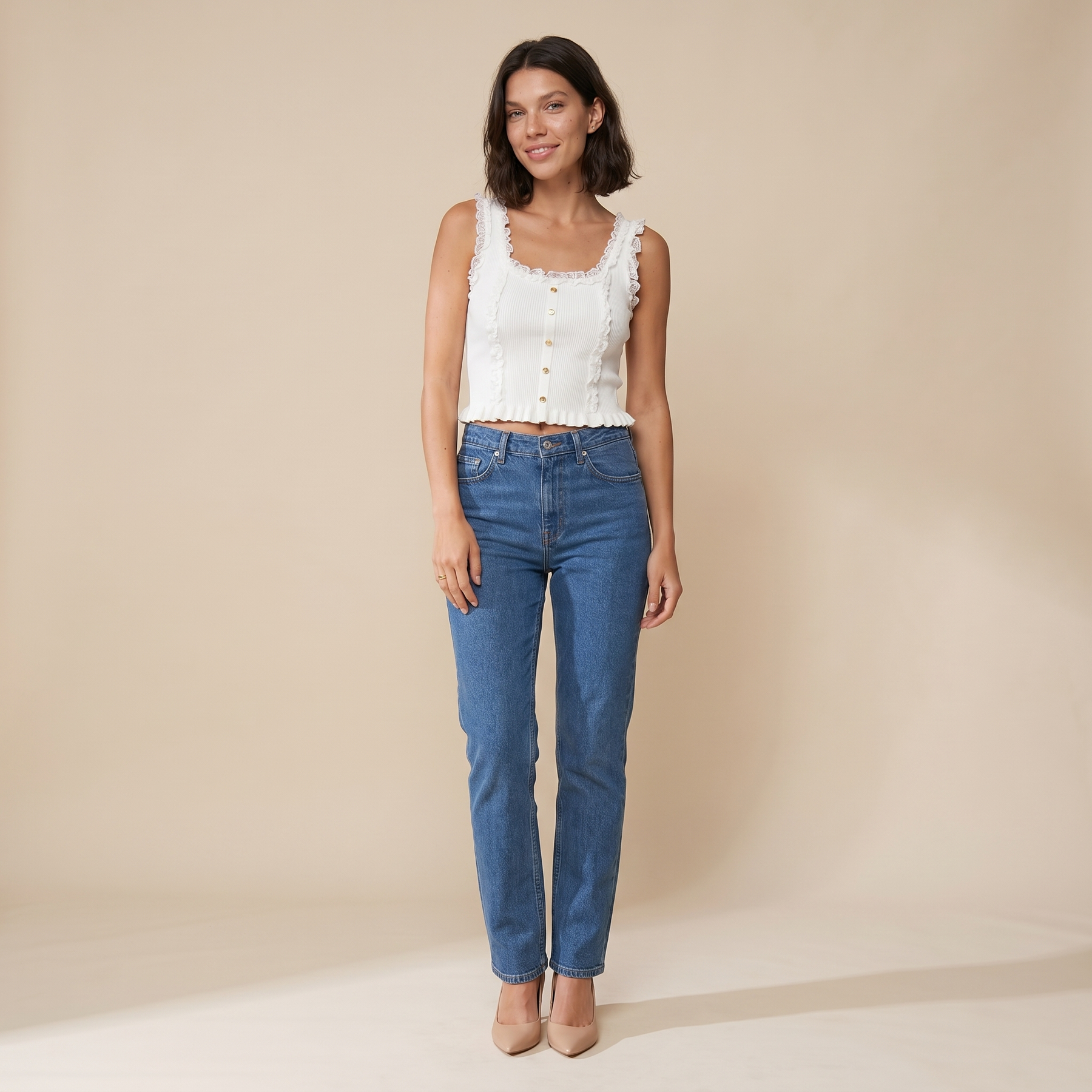 Sunoire contrast lace sleeveless square neck crop tank casual frill hem metal button decor ribbed knit top front hero 01