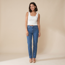 Sunoire contrast lace sleeveless square neck crop tank casual frill hem metal button decor ribbed knit top front hero 01