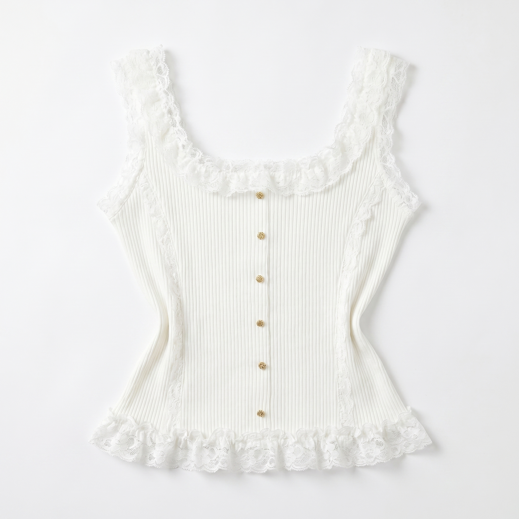 Sunoire contrast lace sleeveless square neck crop tank casual frill hem metal button decor ribbed knit top garment flatlay 01