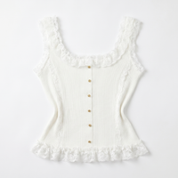 Sunoire contrast lace sleeveless square neck crop tank casual frill hem metal button decor ribbed knit top garment flatlay 01
