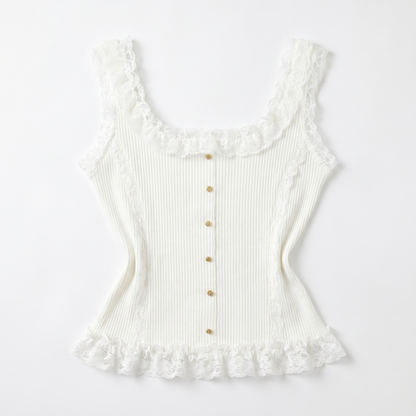 Sunoire contrast lace sleeveless square neck crop tank casual frill hem metal button decor ribbed knit top garment flatlay 01