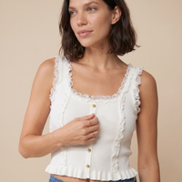 Sunoire contrast lace sleeveless square neck crop tank casual frill hem metal button decor ribbed knit top top detail 01