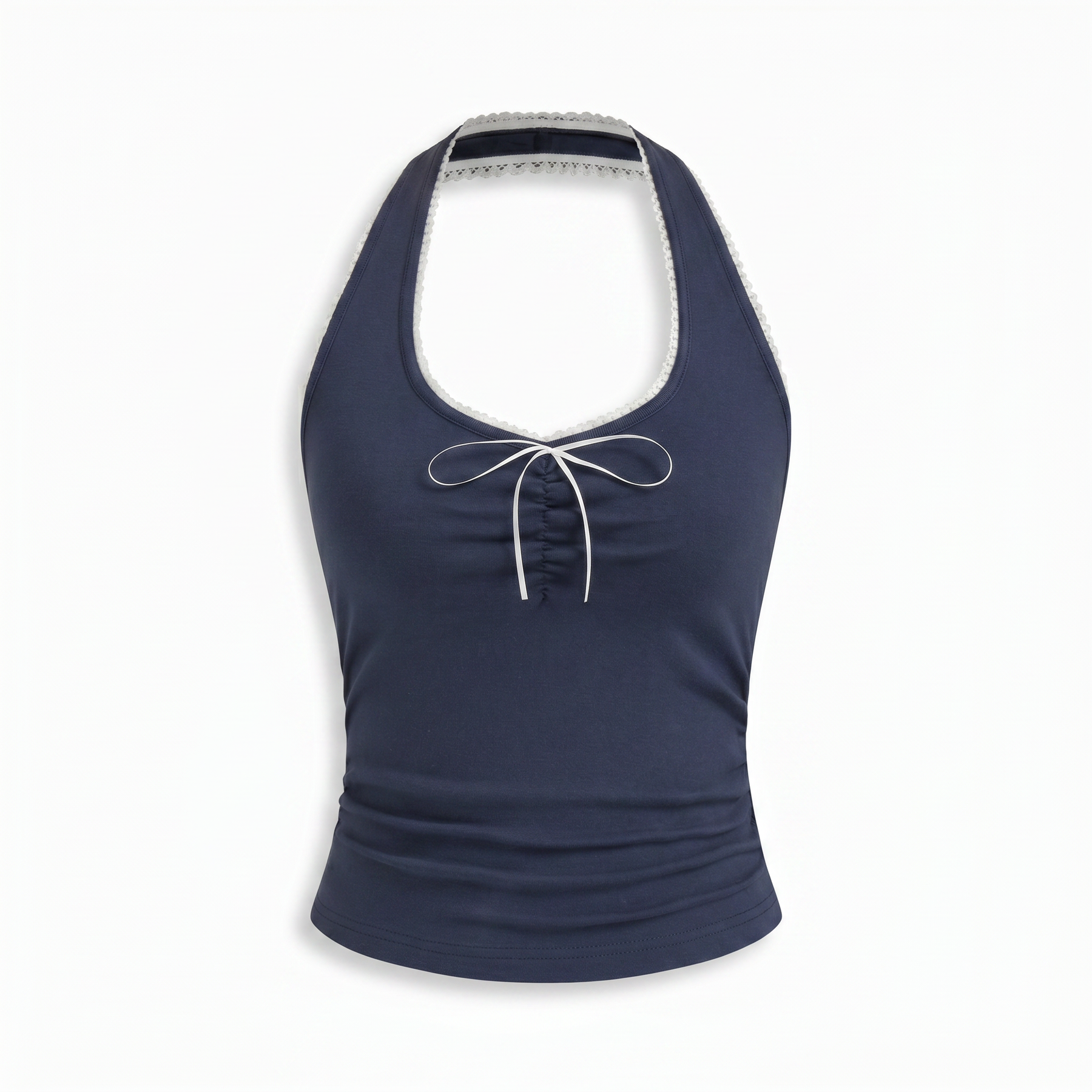 Sunoire cotton blend halter neck ruched front cami top mannequin dark navy 01