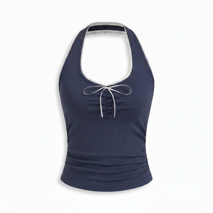 Sunoire cotton blend halter neck ruched front cami top mannequin dark navy 01