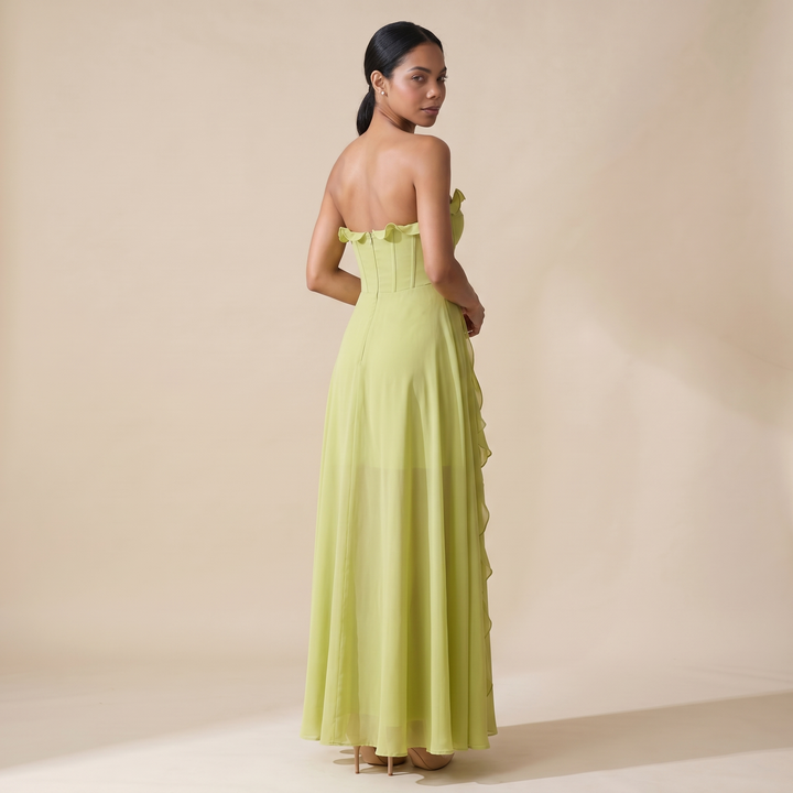 Sunoire craven strapless ruched mesh maxi dress back view 01