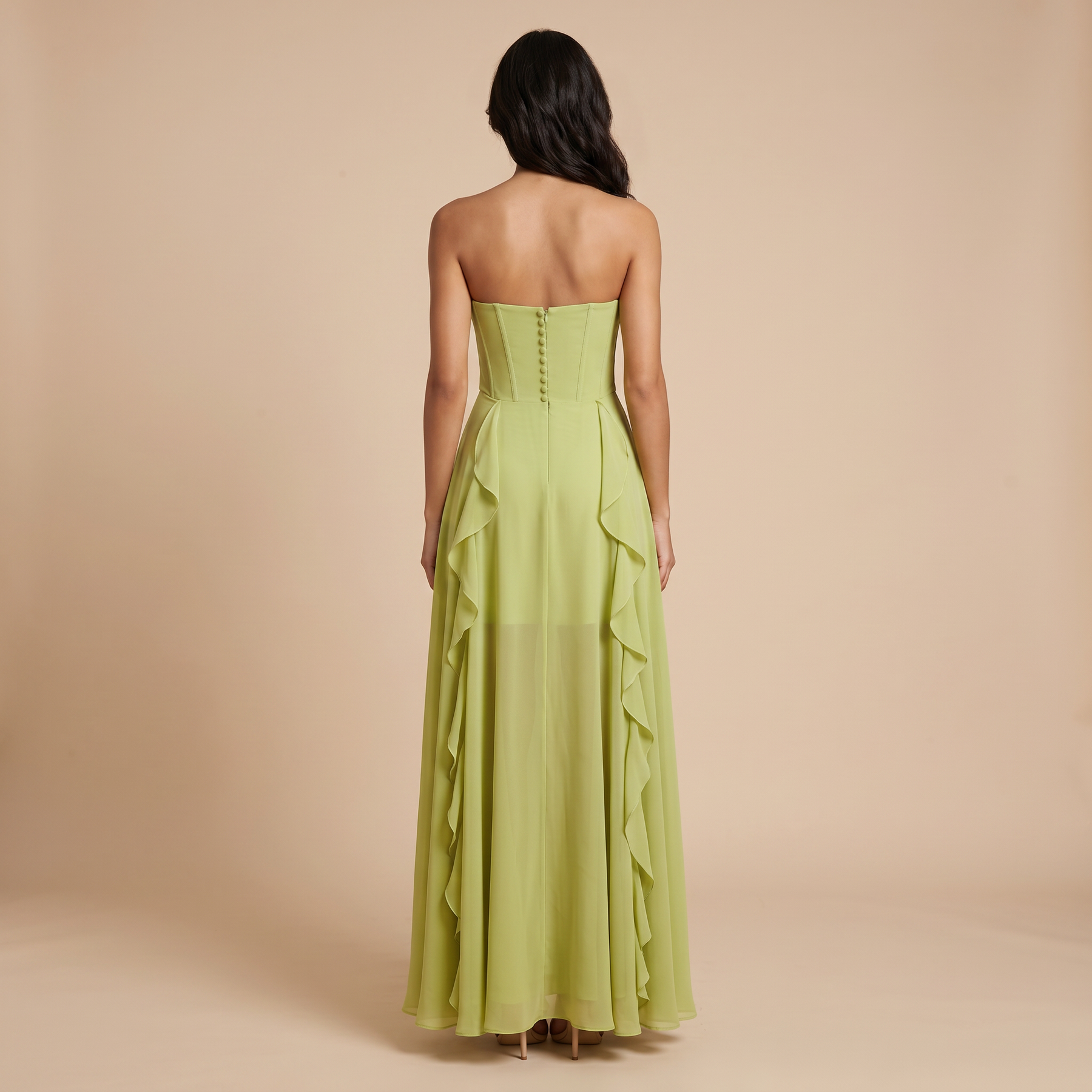 Sunoire craven strapless ruched mesh maxi dress back view 01
