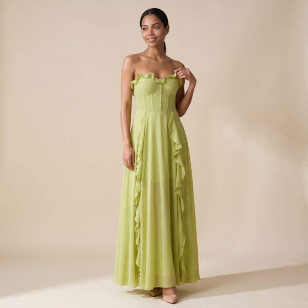 Sunoire craven strapless ruched mesh maxi dress front hero 01