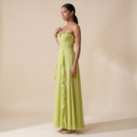 Sunoire craven strapless ruched mesh maxi dress side view 01