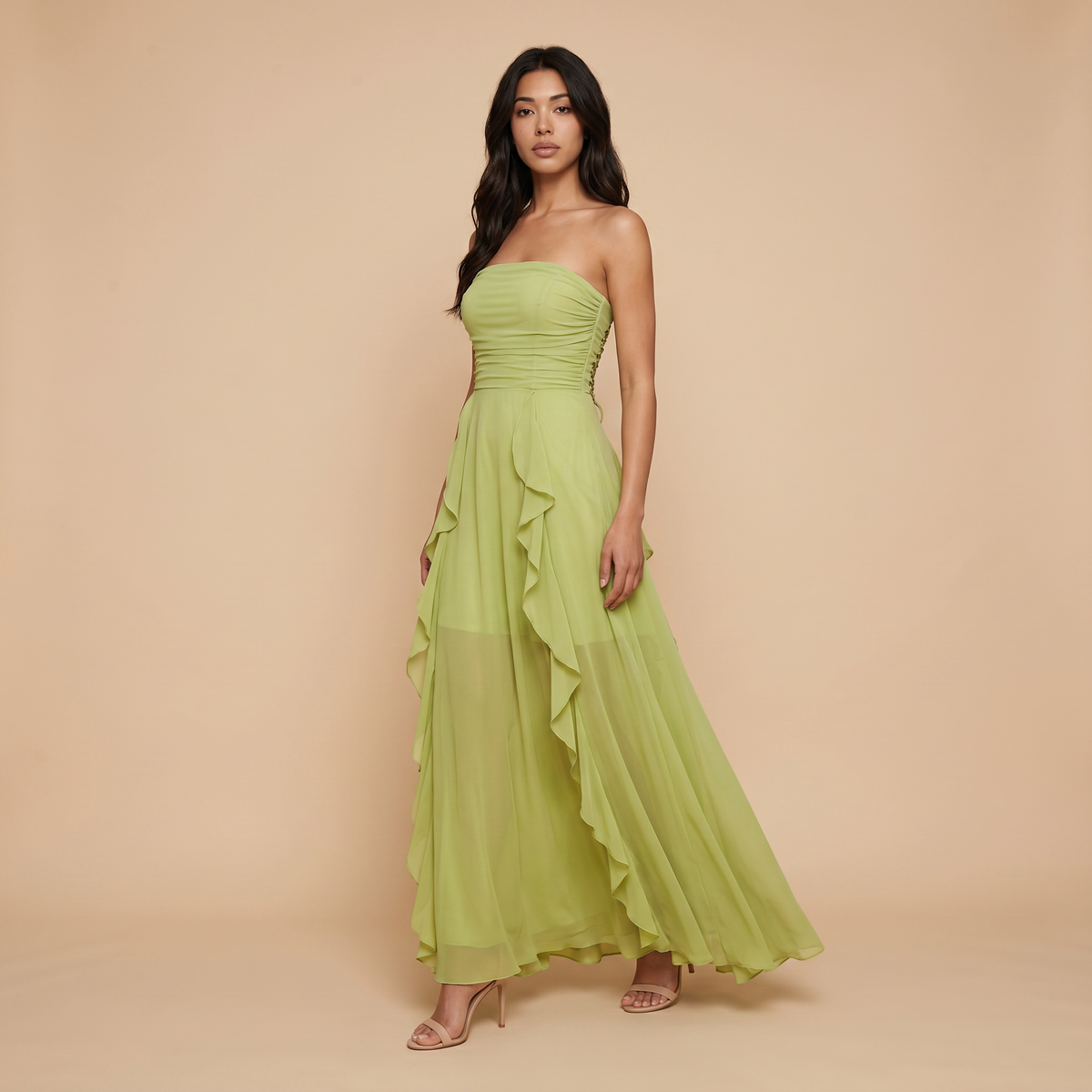 Sunoire craven strapless ruched mesh maxi dress three quarter 01