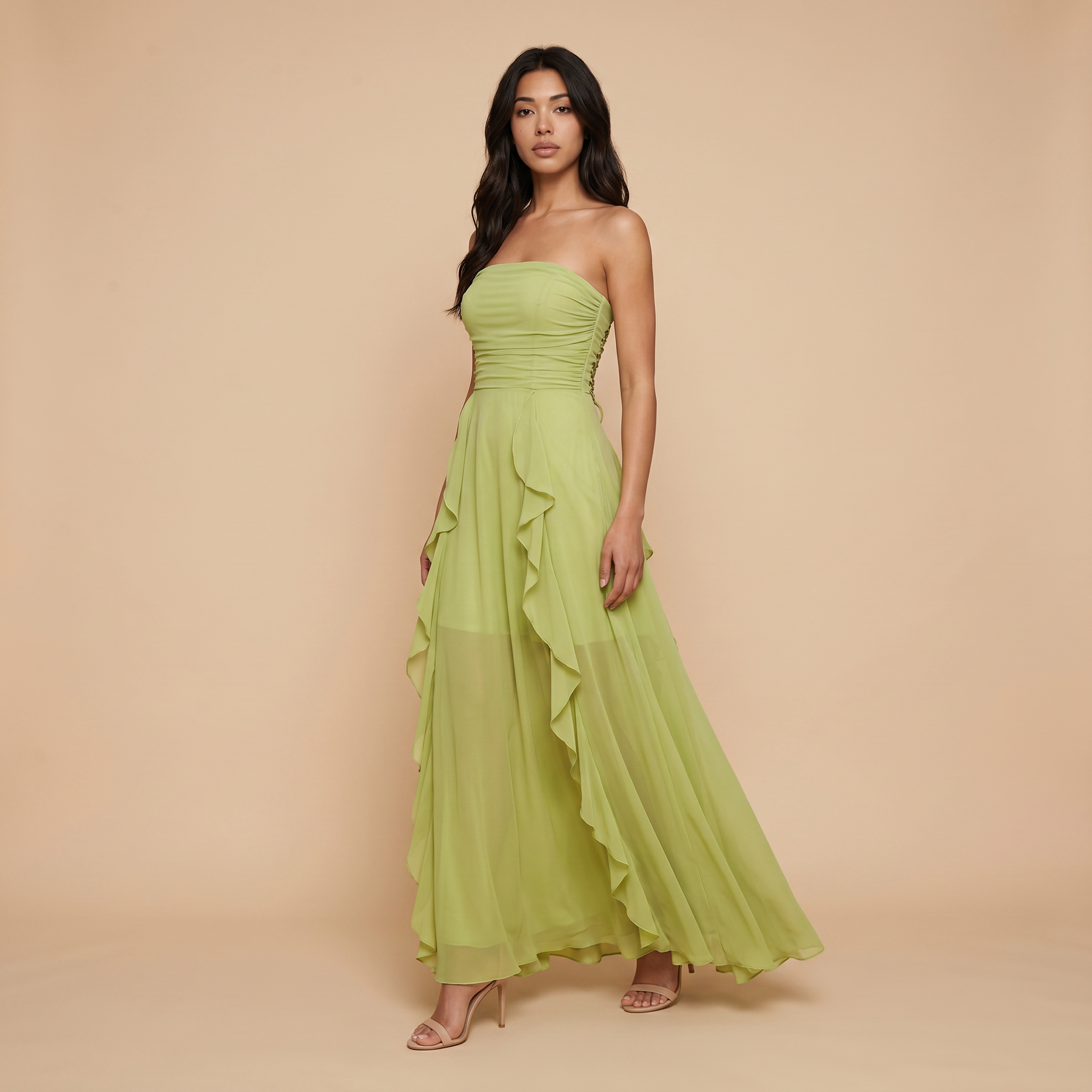 Sunoire craven strapless ruched mesh maxi dress three quarter 01