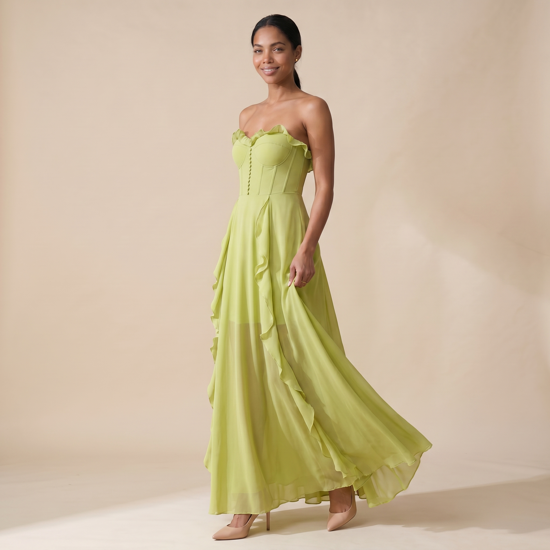 Sunoire craven strapless ruched mesh maxi dress three quarter 01