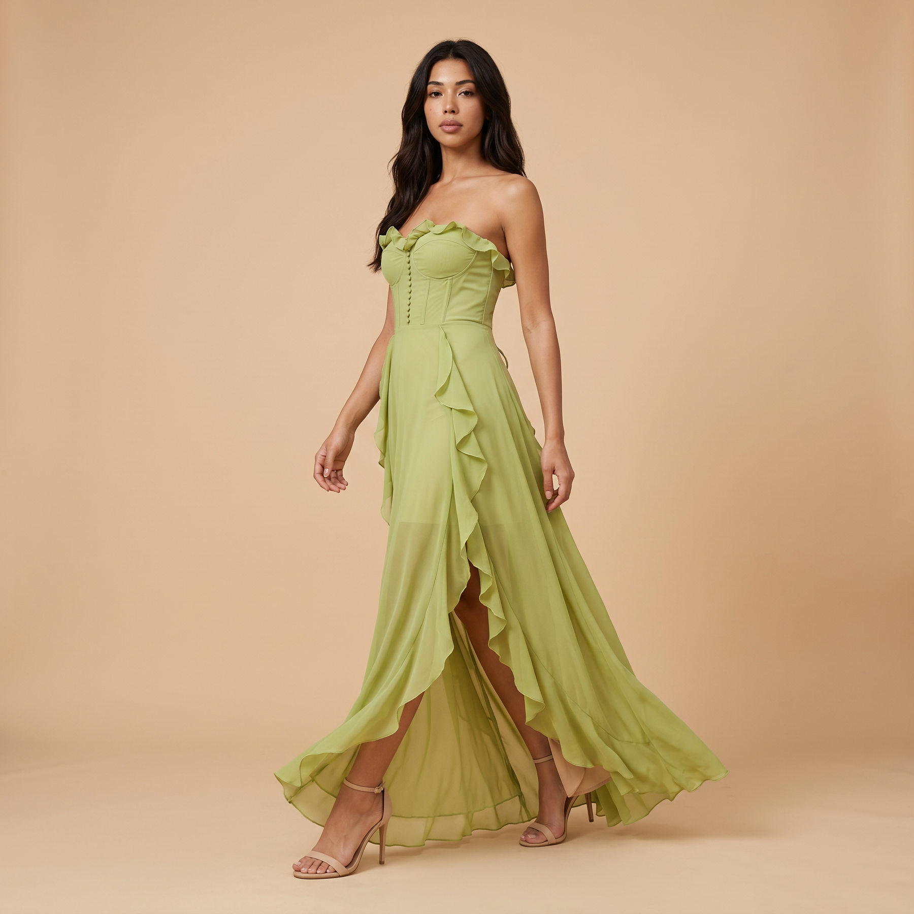 Sunoire craven strapless ruched mesh maxi dress walking 01