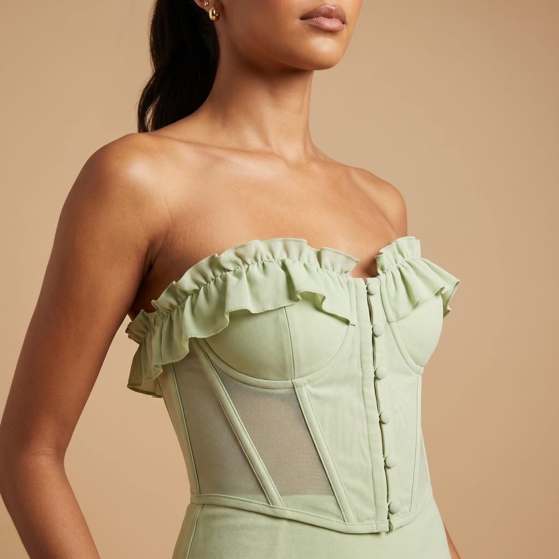 Sunoire craven strapless ruched mesh maxi dress worn detail 01