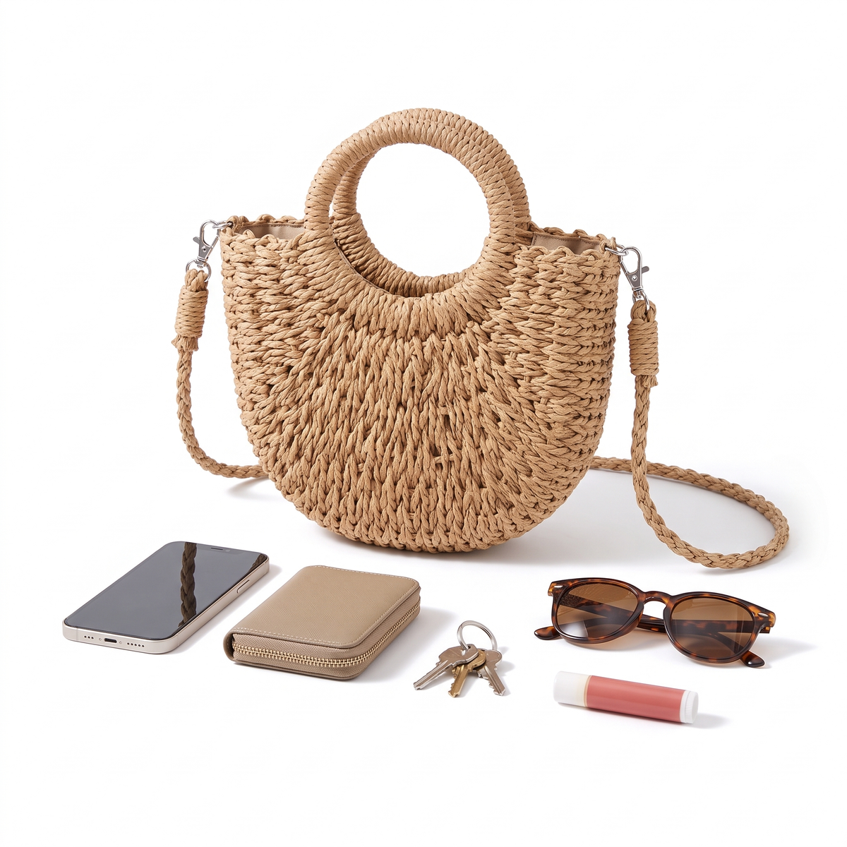 Crescent Woven Handbag, what fits inside