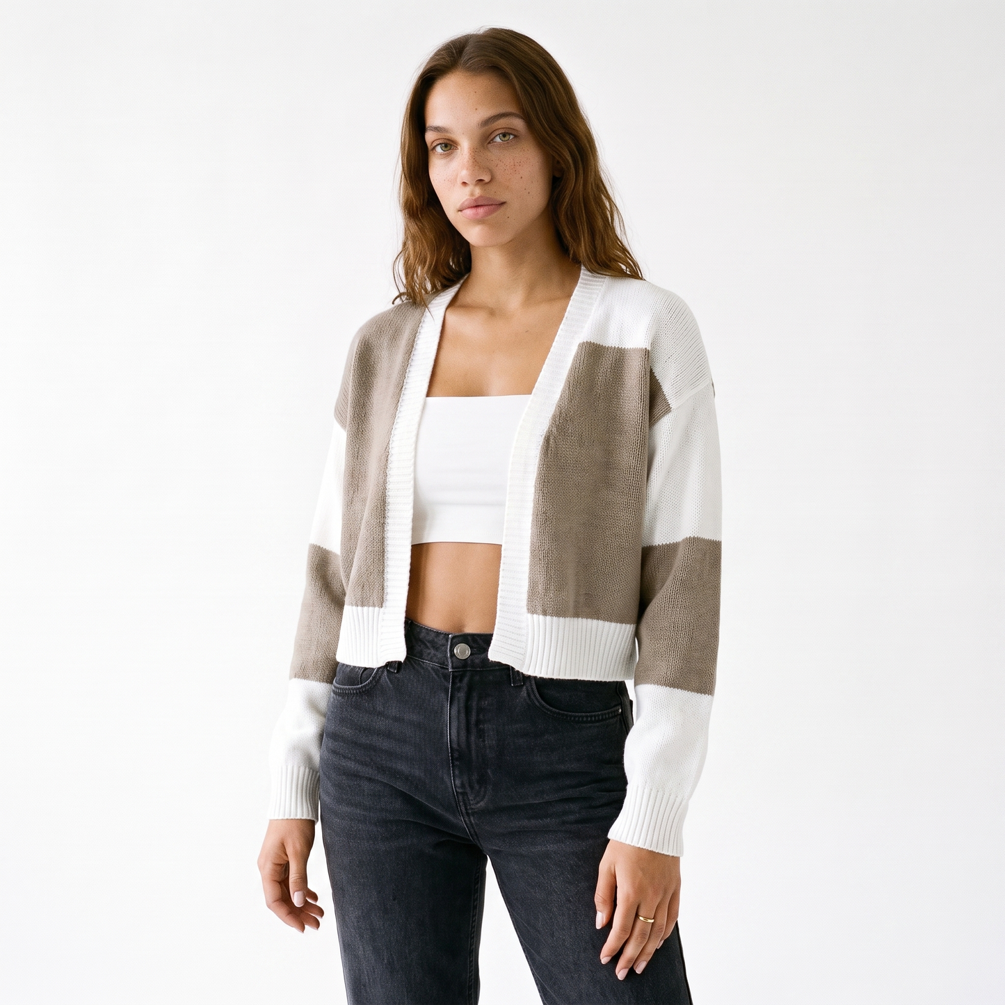 Sunoire cropped colour block cardigan colorway brown front crop 01