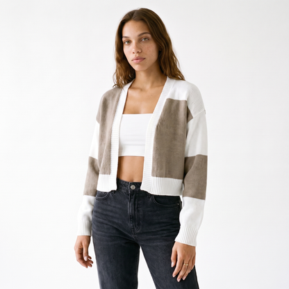 Sunoire cropped colour block cardigan colorway brown front crop 01