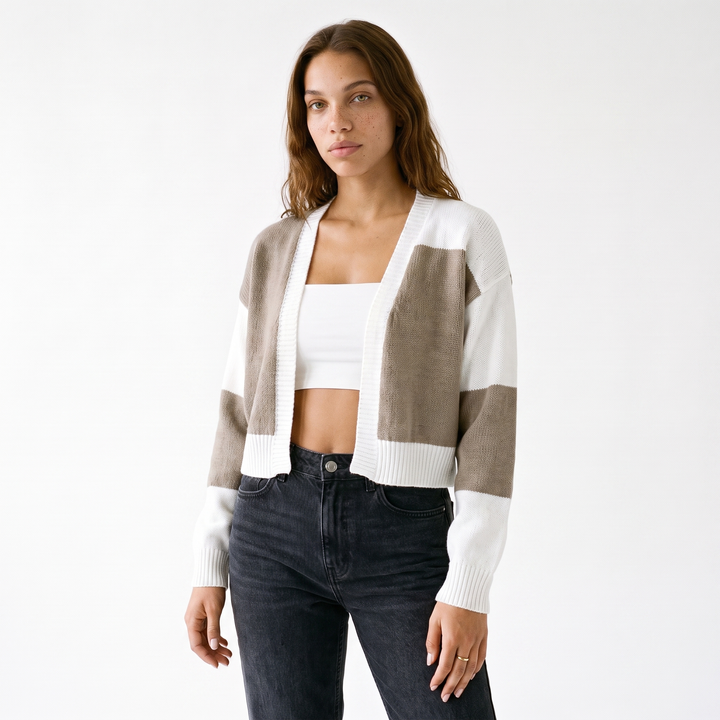 Sunoire cropped colour block cardigan colorway brown front crop 01