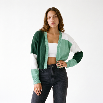 Sunoire cropped colour block cardigan colorway green front crop 01