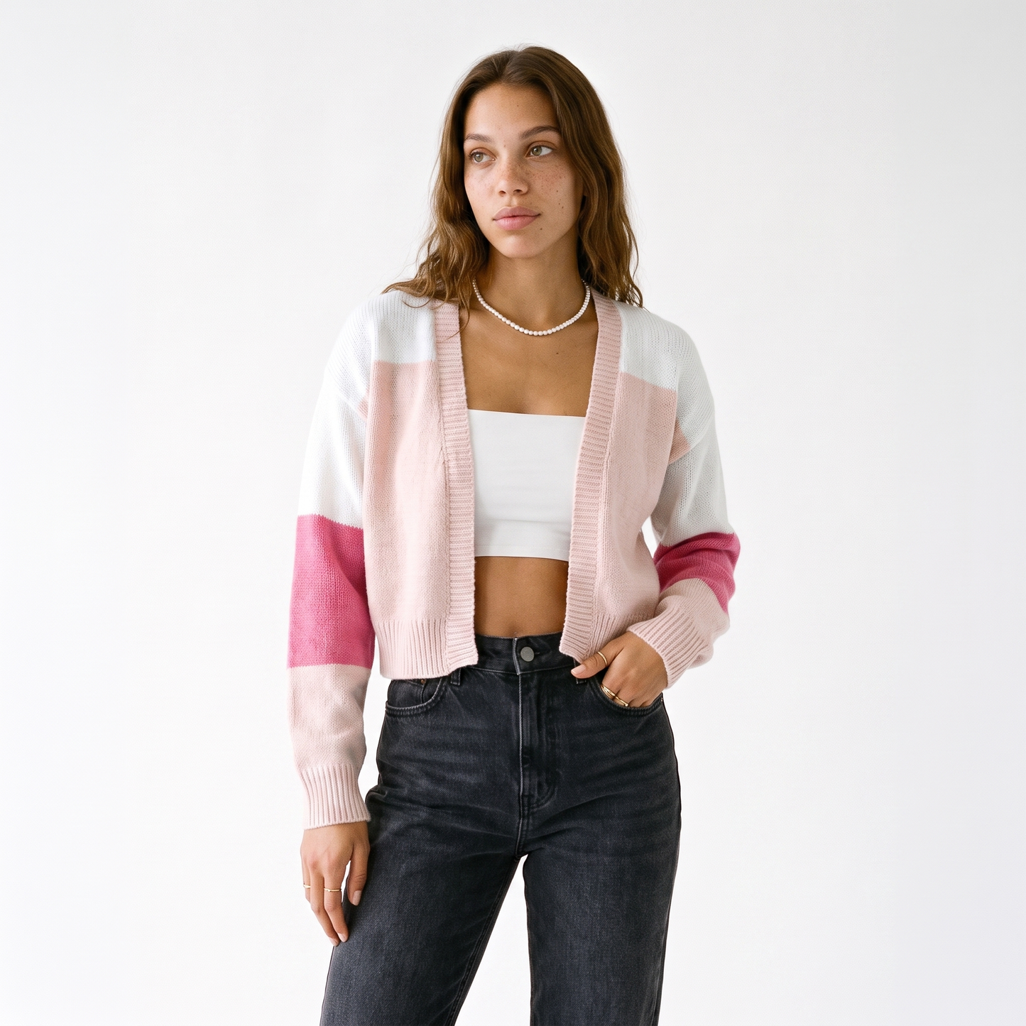 Sunoire cropped colour block cardigan colorway pink front crop 01