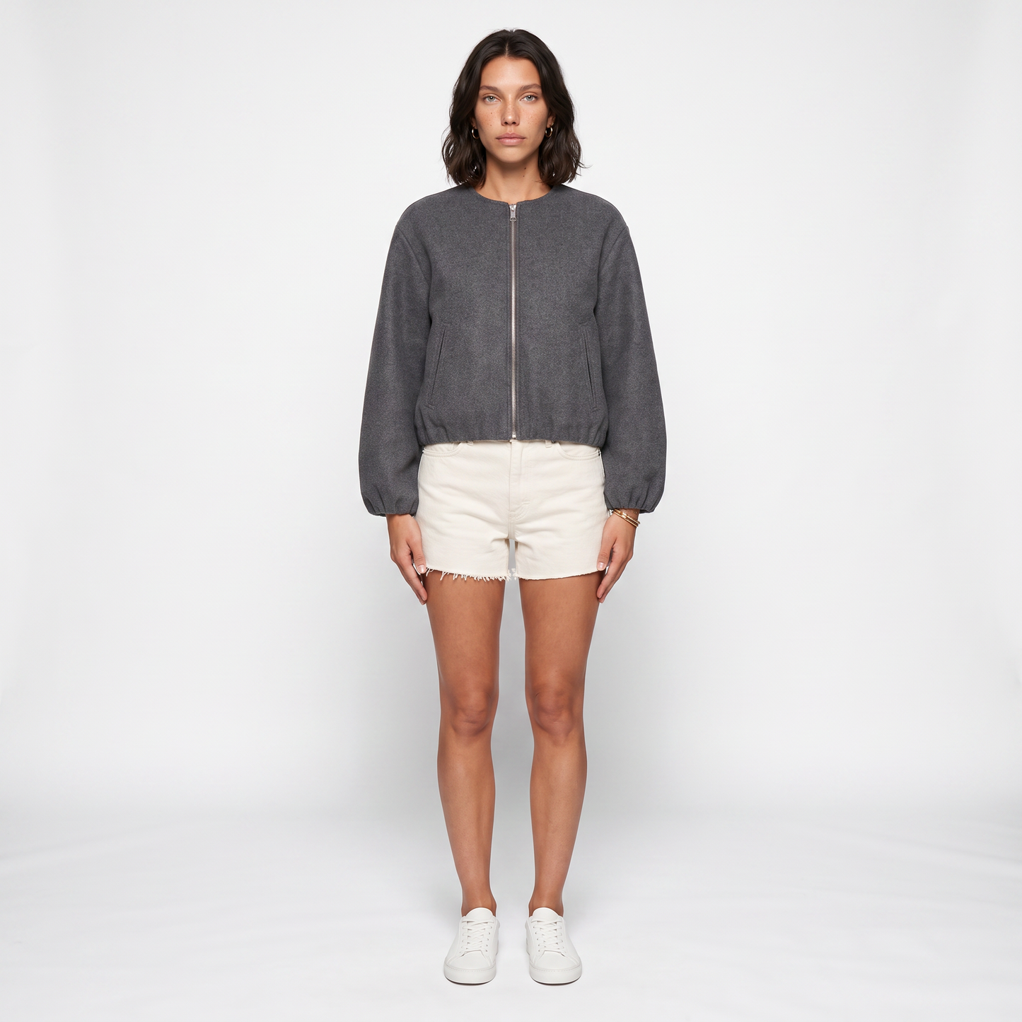 Sunoire cropped relaxed fit zip up bomber jacket with elasticated hem and cuffs front hero 01