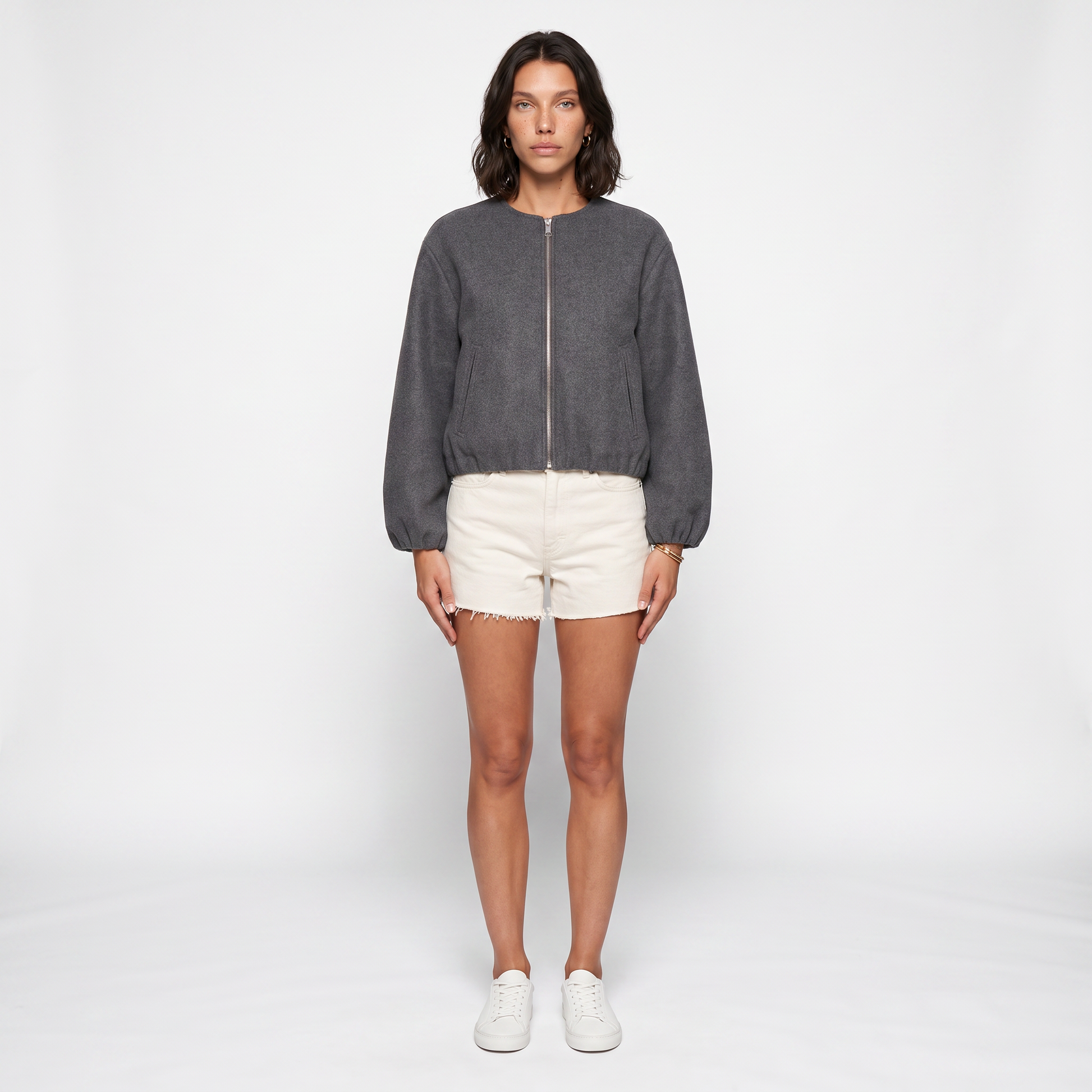 Sunoire cropped relaxed fit zip up bomber jacket with elasticated hem and cuffs front hero 01