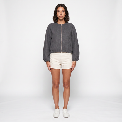 Sunoire cropped relaxed fit zip up bomber jacket with elasticated hem and cuffs front hero 01