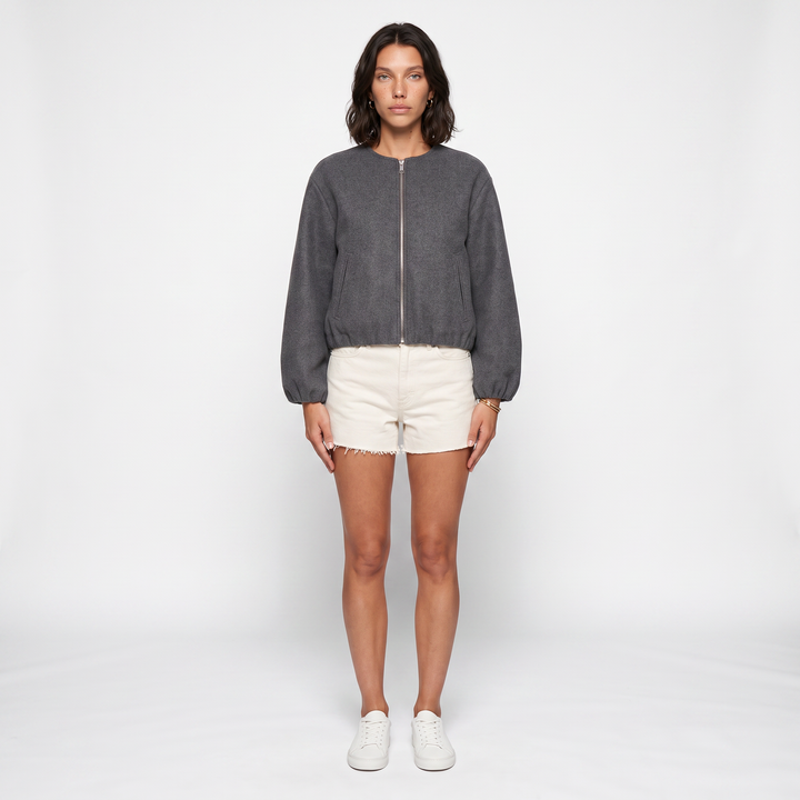 Sunoire cropped relaxed fit zip up bomber jacket with elasticated hem and cuffs front hero 01