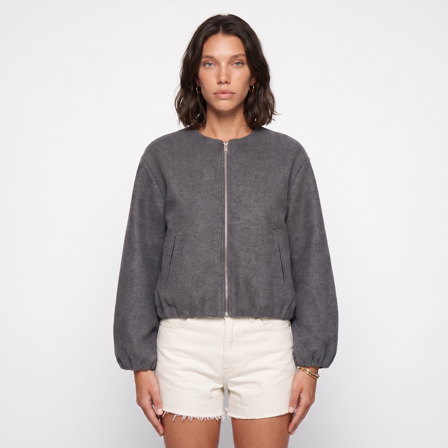 Sunoire cropped relaxed fit zip up bomber jacket with elasticated hem and cuffs top front crop 01