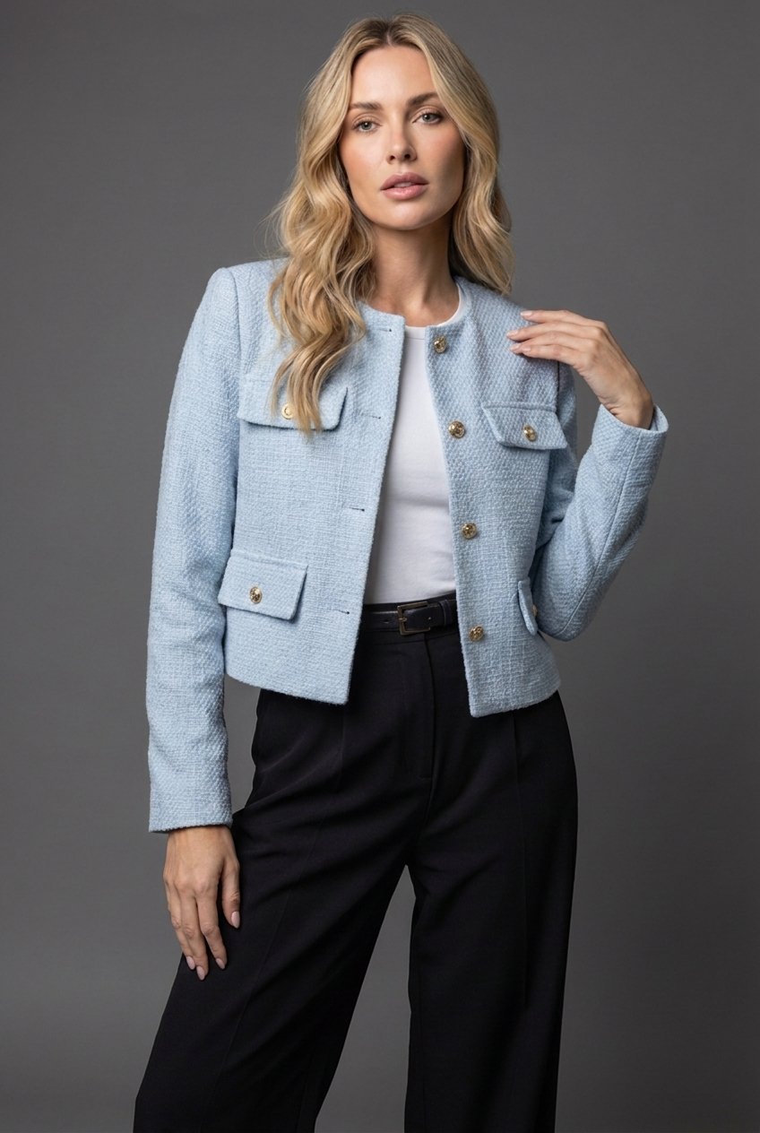 Cropped Tweed Blazer with Gold Buttons and Flap Pockets in Light Blue