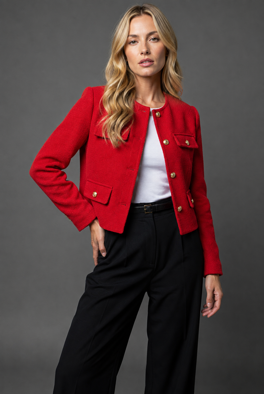 Cropped Tweed Blazer with Gold Buttons and Flap Pockets in Red