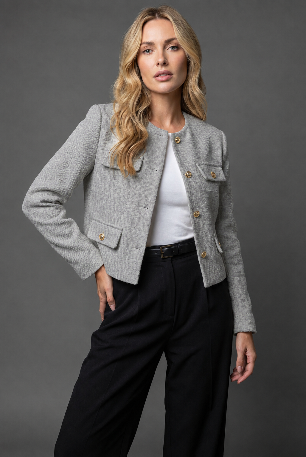 Cropped Tweed Blazer with Gold Buttons and Flap Pockets in Grey