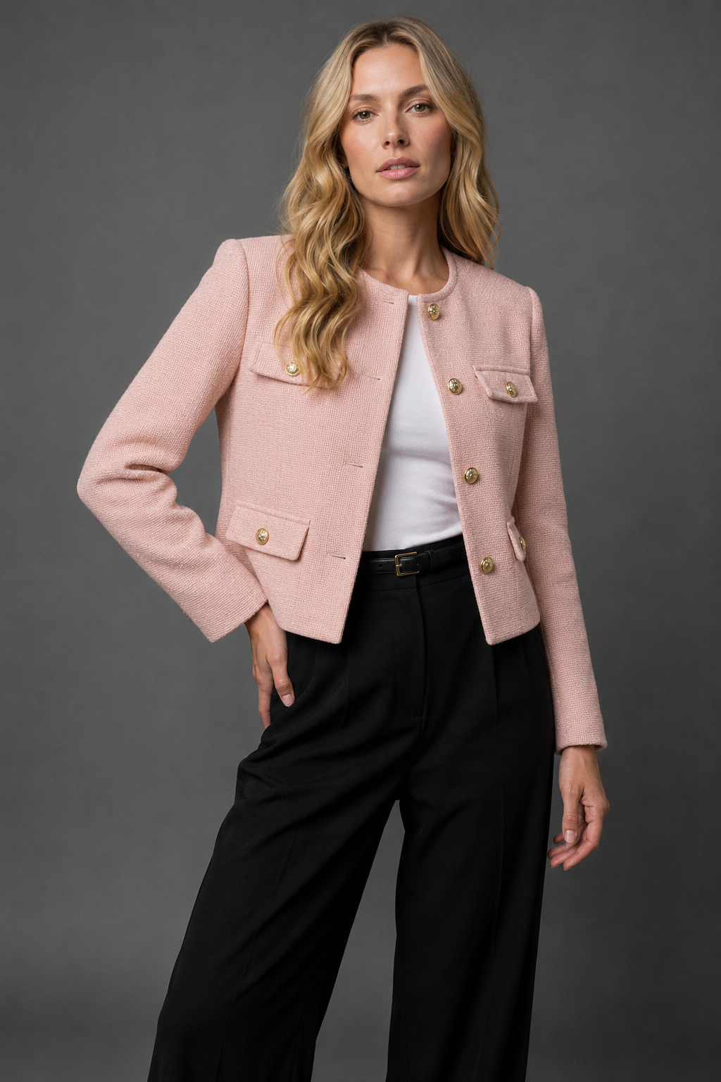 Cropped Tweed Blazer with Gold Buttons and Flap Pockets in Light Pink