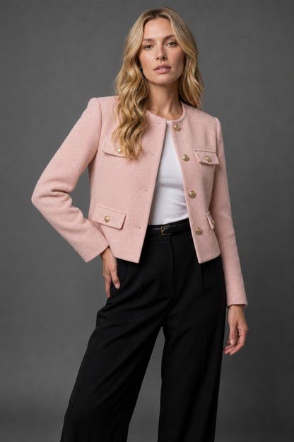 Cropped Tweed Blazer with Gold Buttons and Flap Pockets in Light Pink