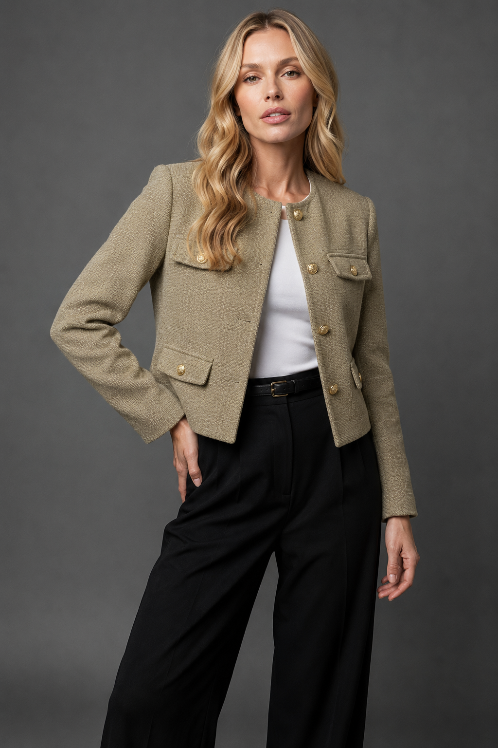 Cropped Tweed Blazer with Gold Buttons and Flap Pockets in Olive