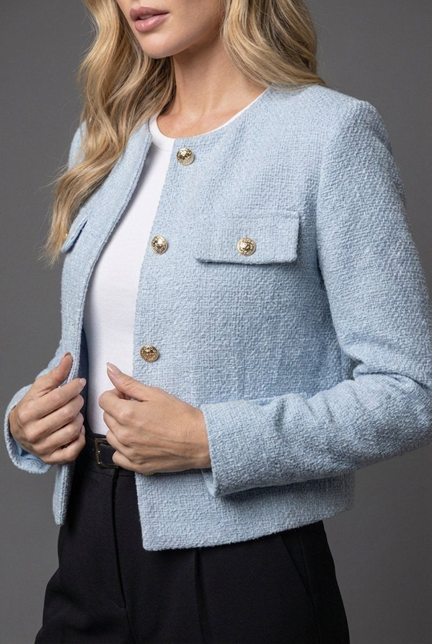 Cropped Tweed Blazer with Gold Buttons and Flap Pockets in Light Blue, another view