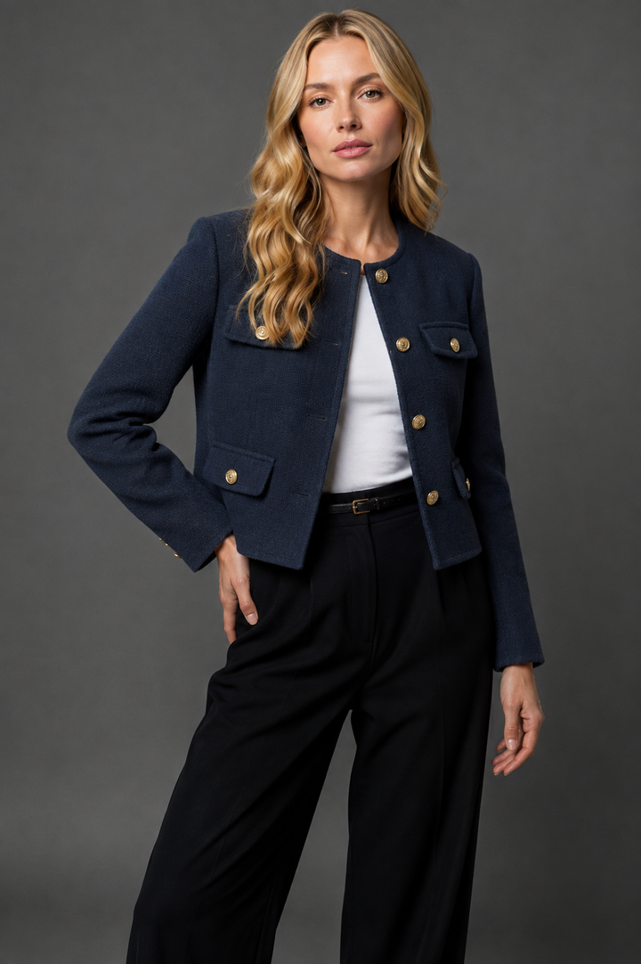 Women's Cropped Tweed Blazer with Gold Buttons and Flap Pockets — Navy Blue