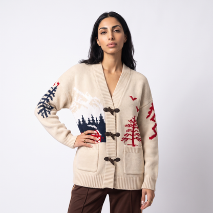 Sunoire custom jacquard knit cardigan sweater for women novelty pattern cotton cardigan oem wholesale knitwear colorway beige front crop 01
