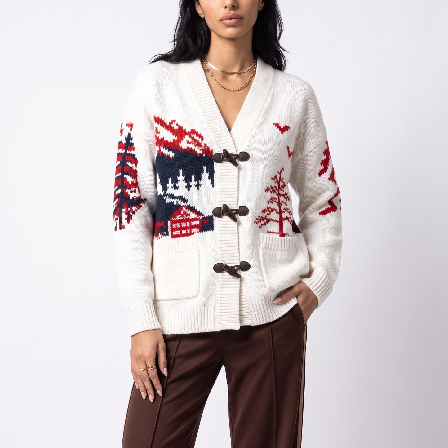 Sunoire custom jacquard knit cardigan sweater for women novelty pattern cotton cardigan oem wholesale knitwear colorway white front crop 01