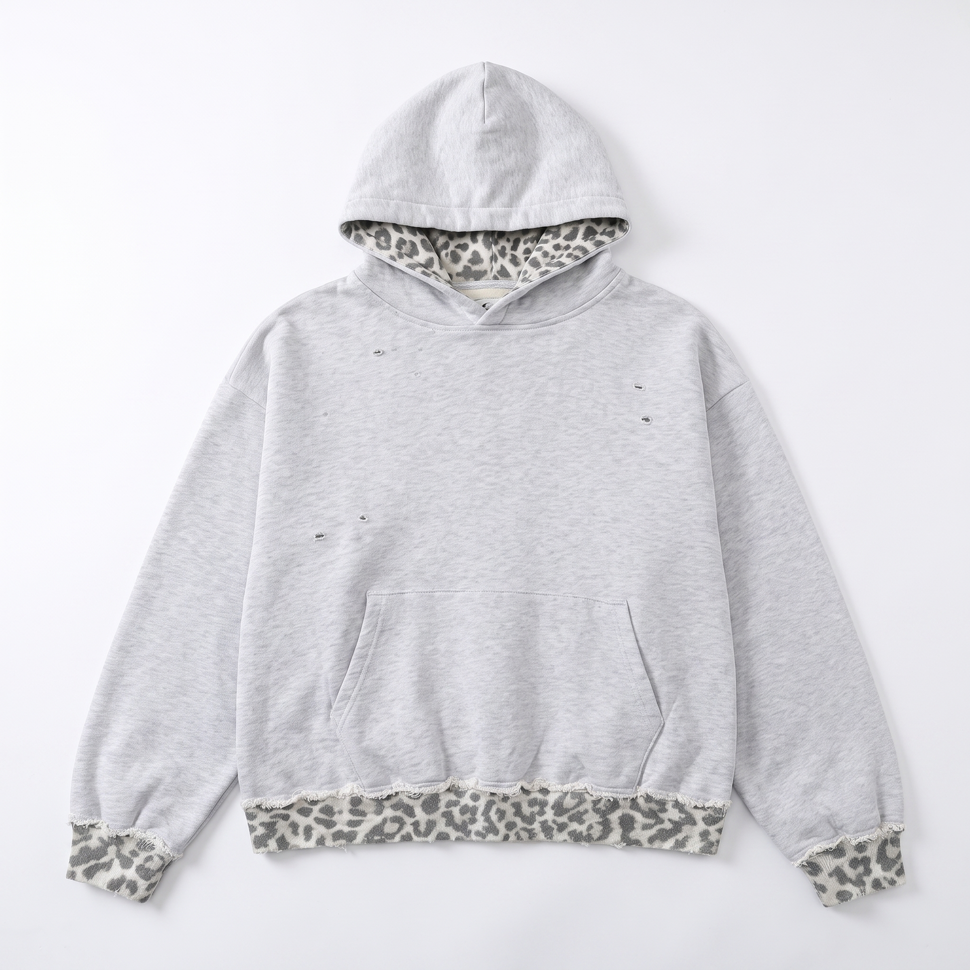 Sunoire custom leopard patch pocket hoodie vintage acid wash sun faded heavyweight 420gsm french terry drop shoulder casual women hoodie garment flatlay 01