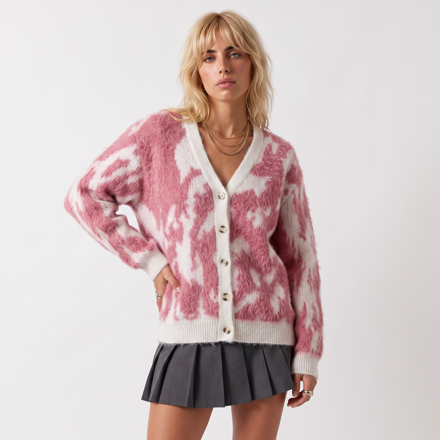 Sunoire custom logo mohair sweater men casual knitwear alpaca wool blend jumper winter knitted jacket coat fuzzy cardigan mohair sweater colorway pink front crop 01