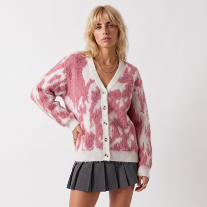 Sunoire custom logo mohair sweater men casual knitwear alpaca wool blend jumper winter knitted jacket coat fuzzy cardigan mohair sweater colorway pink front crop 01