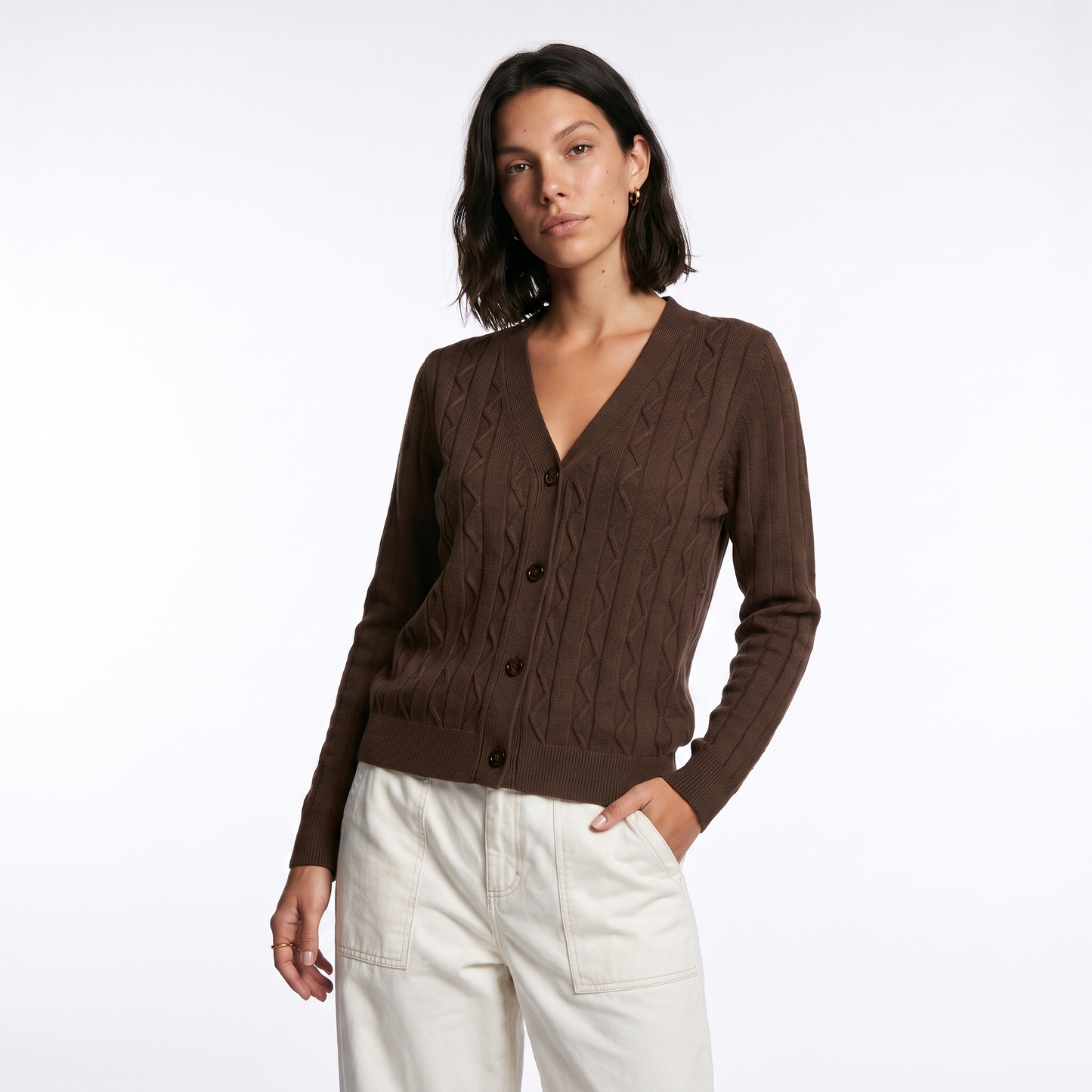 Sunoire custom men s cable knit v neck cardigan sweater buttons pockets winter autumn odm pattern decoration winter cardigan sweater colorway brown front crop 01